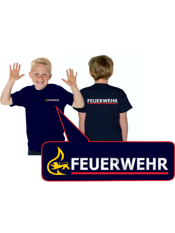 Kinder-T-Shirt navy, BaWü Stauferlöwe FEUERWEHR silber mit rotem Streifen hinten