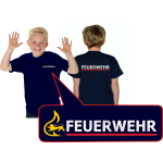 Kinder-T-Shirt navy, BaWü Stauferlöwe FEUERWEHR silber mit rotem Streifen hinten