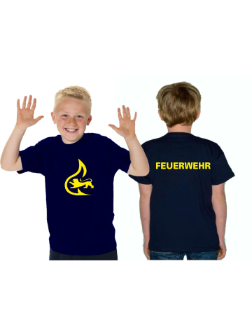 Kinder-T-Shirt azul marino, BaWü con Stauferlöwe groß + amarillom Rückendruck FEUERWEHR