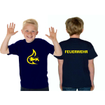 Kinder-T-Shirt blu navy, BaWü con Stauferlöwe groß + giallom Rückendruck FEUERWEHR