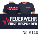 T-Shirt azul marino, FEUERWEHR - FIRST RESPONDER con rojo EKG-línea