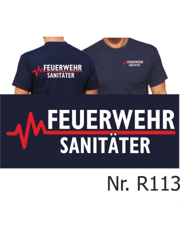 T-Shirt blu navy, FEUERWEHR - SANITÄTER con rosso EKG-linea