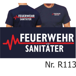 T-Shirt blu navy, FEUERWEHR - SANIT&Auml;TER con rosso...