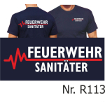 T-Shirt blu navy, FEUERWEHR - SANITÄTER con rosso EKG-linea