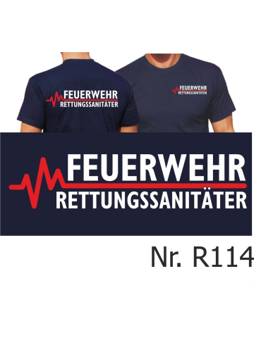 T-Shirt azul marino, FEUERWEHR - RETTUNGSSANITÄTER con rojo EKG-línea