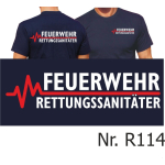 T-Shirt blu navy, FEUERWEHR - RETTUNGSSANITÄTER con rosso EKG-linea