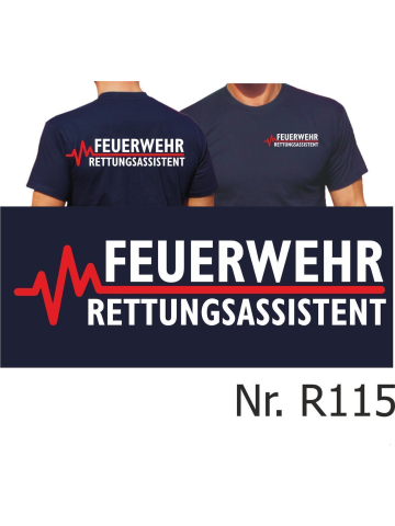 T-Shirt azul marino, FEUERWEHR - RETTUNGSASSISTENT con rojo EKG-línea