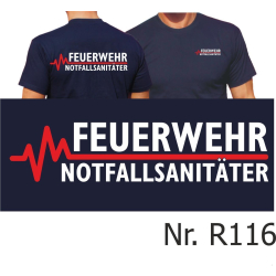 T-Shirt marin, FEUERWEHR - NOTFALLSANIT&Auml;TER avec...