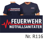 T-Shirt navy, FEUERWEHR - NOTFALLSANITÄTER mit roter EKG-Linie