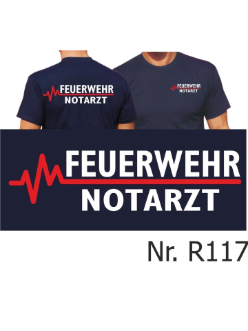 T-Shirt azul marino, FEUERWEHR - Doctor de emergencias con rojo EKG-línea