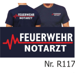 T-Shirt blu navy, FEUERWEHR - medico di emergenza con rosso EKG-linea