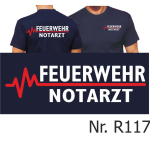 T-Shirt azul marino, FEUERWEHR - Doctor de emergencias con rojo EKG-línea