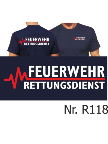 T-Shirt azul marino, FEUERWEHR - RETTUNGSDIENST con rojo EKG-línea