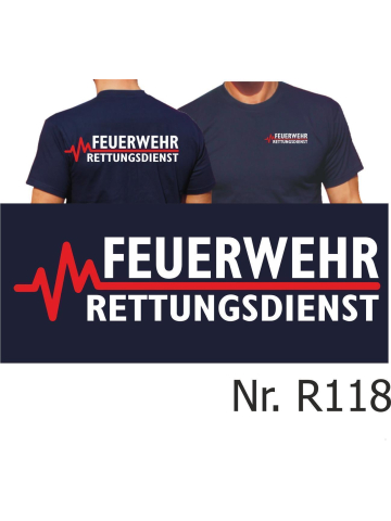 T-Shirt azul marino, FEUERWEHR - RETTUNGSDIENST con rojo EKG-línea