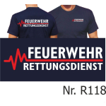 T-Shirt azul marino, FEUERWEHR - RETTUNGSDIENST con rojo EKG-línea