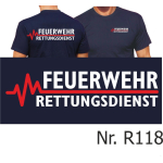 T-Shirt azul marino, FEUERWEHR - RETTUNGSDIENST con rojo EKG-línea