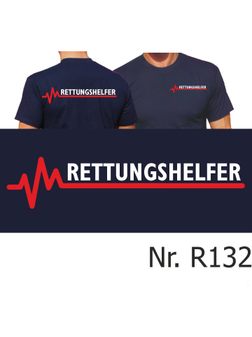 T-Shirt blu navy, RETTUNGSHELFER con rosso EKG-linea