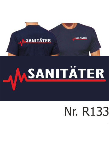 T-Shirt navy, SANITÄTER mit roter EKG-Linie