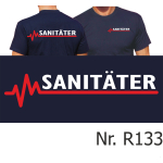 T-Shirt azul marino, SANITÄTER con rojo EKG-línea