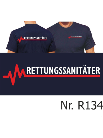 T-Shirt blu navy, RETTUNGSSANITÄTER con rosso EKG-linea