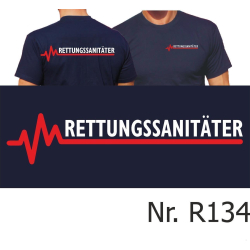 T-Shirt marin, RETTUNGSSANIT&Auml;TER avec rouge EKG-ligne