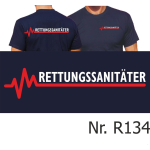 T-Shirt azul marino, RETTUNGSSANITÄTER con rojo EKG-línea