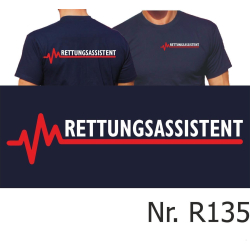 T-Shirt marin, RETTUNGSASSISTENT avec rouge EKG-ligne