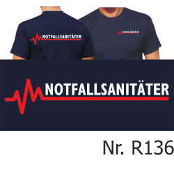 T-Shirt blu navy, NOTFALLSANIT&Auml;TER con rosso EKG-linea