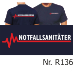 T-Shirt azul marino, NOTFALLSANITÄTER con rojo EKG-línea