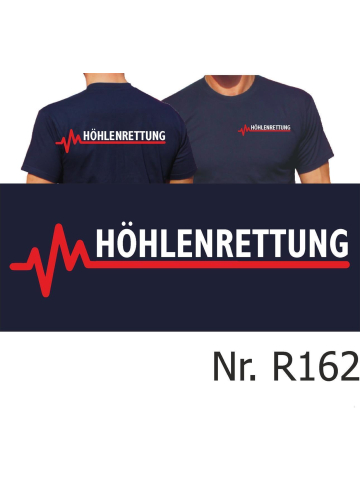 T-Shirt blu navy, HÖHLENRETTUNG con rosso EKG-linea