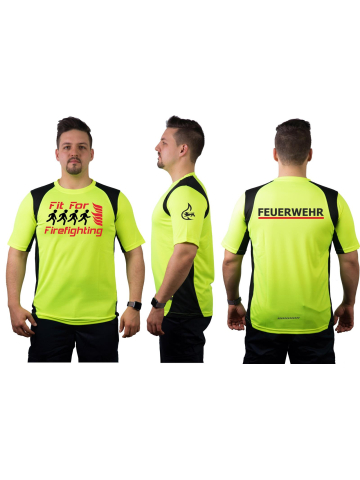 Laufshirt neonyellow, FEUERWEHR + Fit For Firefighting + Stauferlöwe, breathable