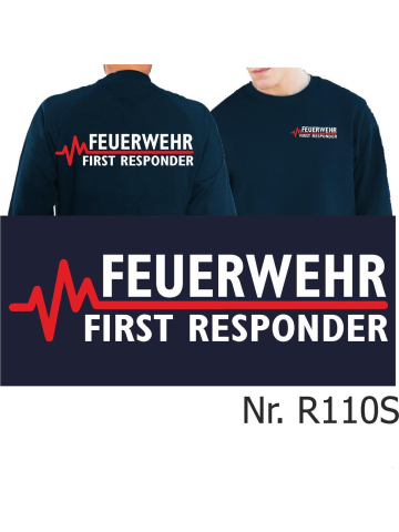 Sweat blu navy, FEUERWEHR - FIRST RESPONDER con rosso EKG-linea