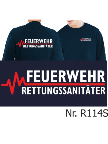 Sweat azul marino, FEUERWEHR - RETTUNGSSANITÄTER con rojo EKG-línea
