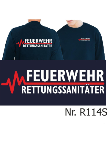 Sweat blu navy, FEUERWEHR - RETTUNGSSANITÄTER con rosso EKG-linea