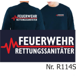 Sweat blu navy, FEUERWEHR - RETTUNGSSANITÄTER con rosso EKG-linea