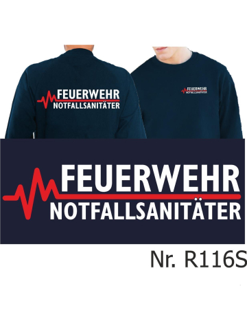 Sweat azul marino, FEUERWEHR - NOTFALLSANITÄTER con rojo EKG-línea