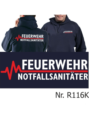 Hoodie navy, FEUERWEHR - NOTFALLSANITÄTER mit roter EKG-Linie
