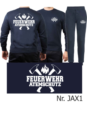 Sweat-Tuta da jogging blu navy, FEUERWEHR ATEMSCHUTZ, assi bianco