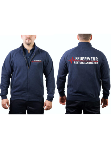 Sweat jacket navy, FEUERWEHR - RETTUNGSSANITÄTER with red EKG-line