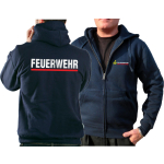 Hooded jacket navy, BaWü Stauferlöwe and place-name vorne, FEUERWEHR silver with red stripe hinten