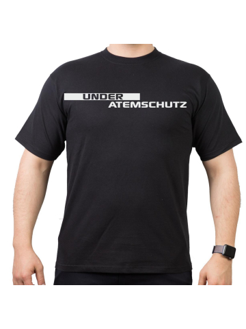 T-Shirt black, "UNDER ATEMSCHUTZ" stripe and Text silver