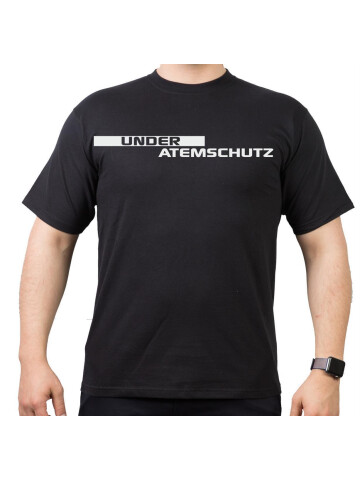 T-Shirt black, "UNDER ATEMSCHUTZ" Streifen und Text silber M