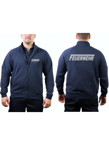 Sweat jacket navy, FEUERWEHR with long "F" in silver