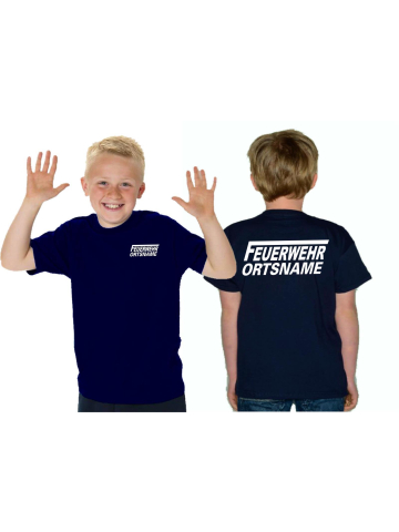 Kinder-T-Shirt azul marino, FEUERWEHR con largo "F" , ponga su nombre en blanco