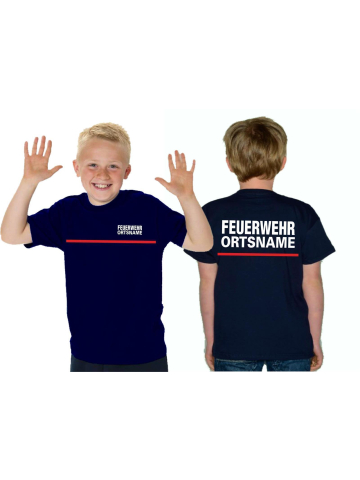Kinder-T-Shirt navy, FEUERWEHR Schrift "A" Ortsname weiss mit rotem Streifen