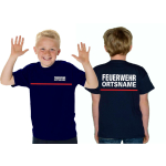 Kinder-T-Shirt azul marino, FEUERWEHR fuente "A" ponga su nombre blanco con rojo banda