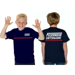 Kinder-T-Shirt navy, FEUERWEHR mit langem "F" , Ortsname weiss mit rotem Streifen