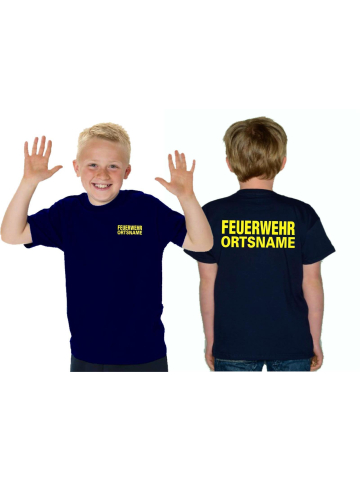 Kinder-T-Shirt navy, FEUERWEHR with place-name neonyellow font "A"