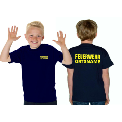 Kinder-T-Shirt navy, FEUERWEHR mit Ortsname neongelb...