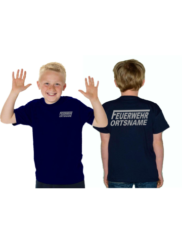Kinder-T-Shirt azul marino, FEUERWEHR con largo "F" ponga su nombre en plata